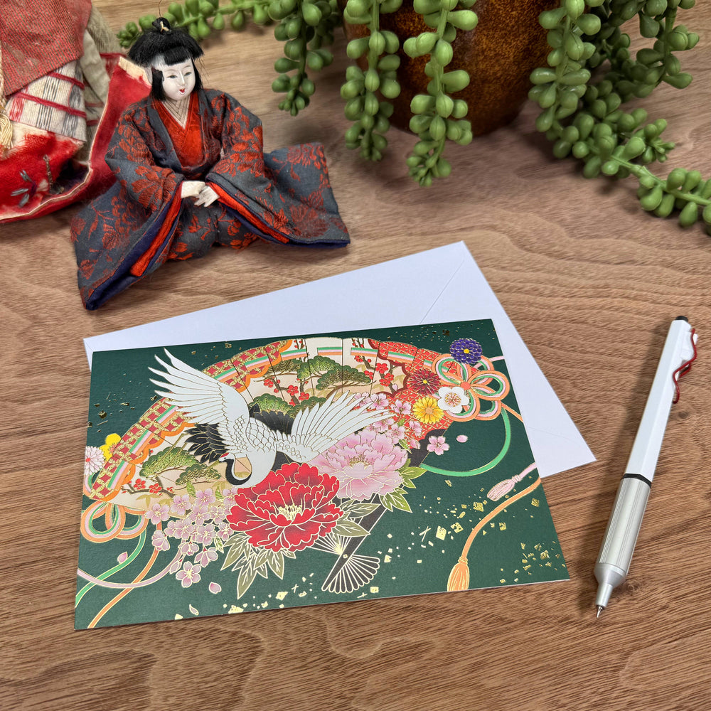 Grußkarte mit Goldprägung - Kranich & Fächer