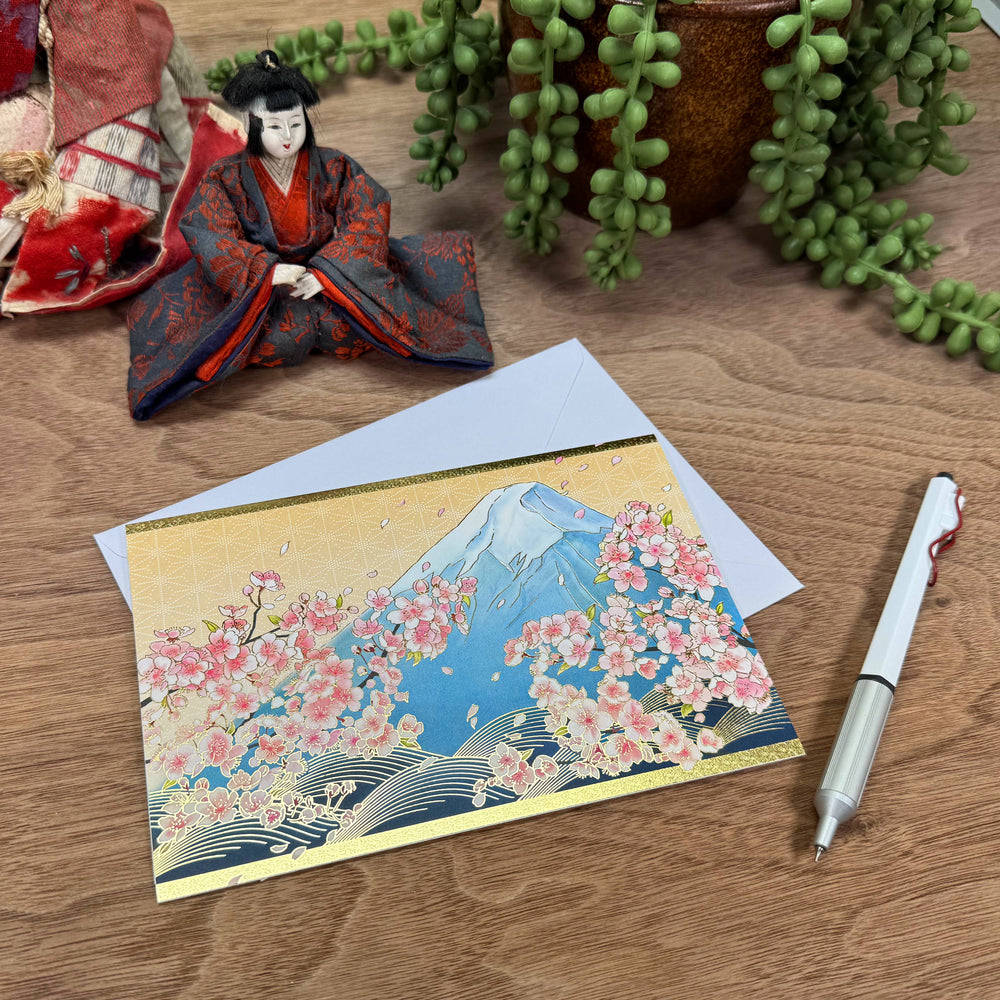 Grußkarte mit Goldprägung - Sakura &  Mt. Fuji