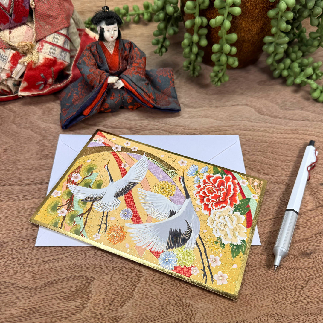 Grußkarte mit Goldprägung - Fliegende Kraniche