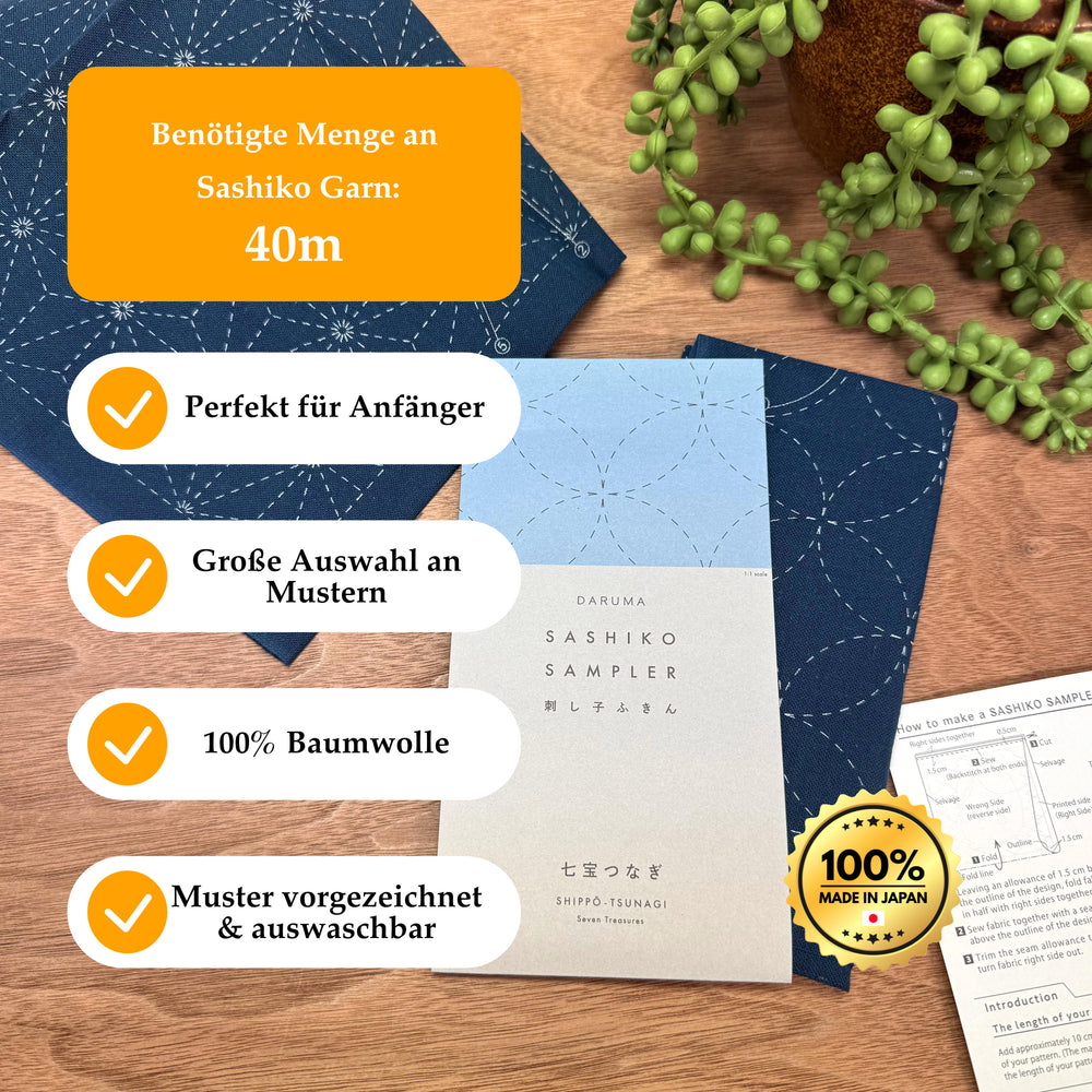 Daruma Hana Fukin Sashiko Sampler - Moyouzashi - Dunkelblau