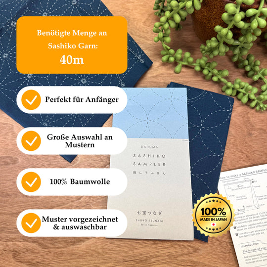 Daruma Hana Fukin Sashiko Sampler - Moyouzashi - Dunkelblau