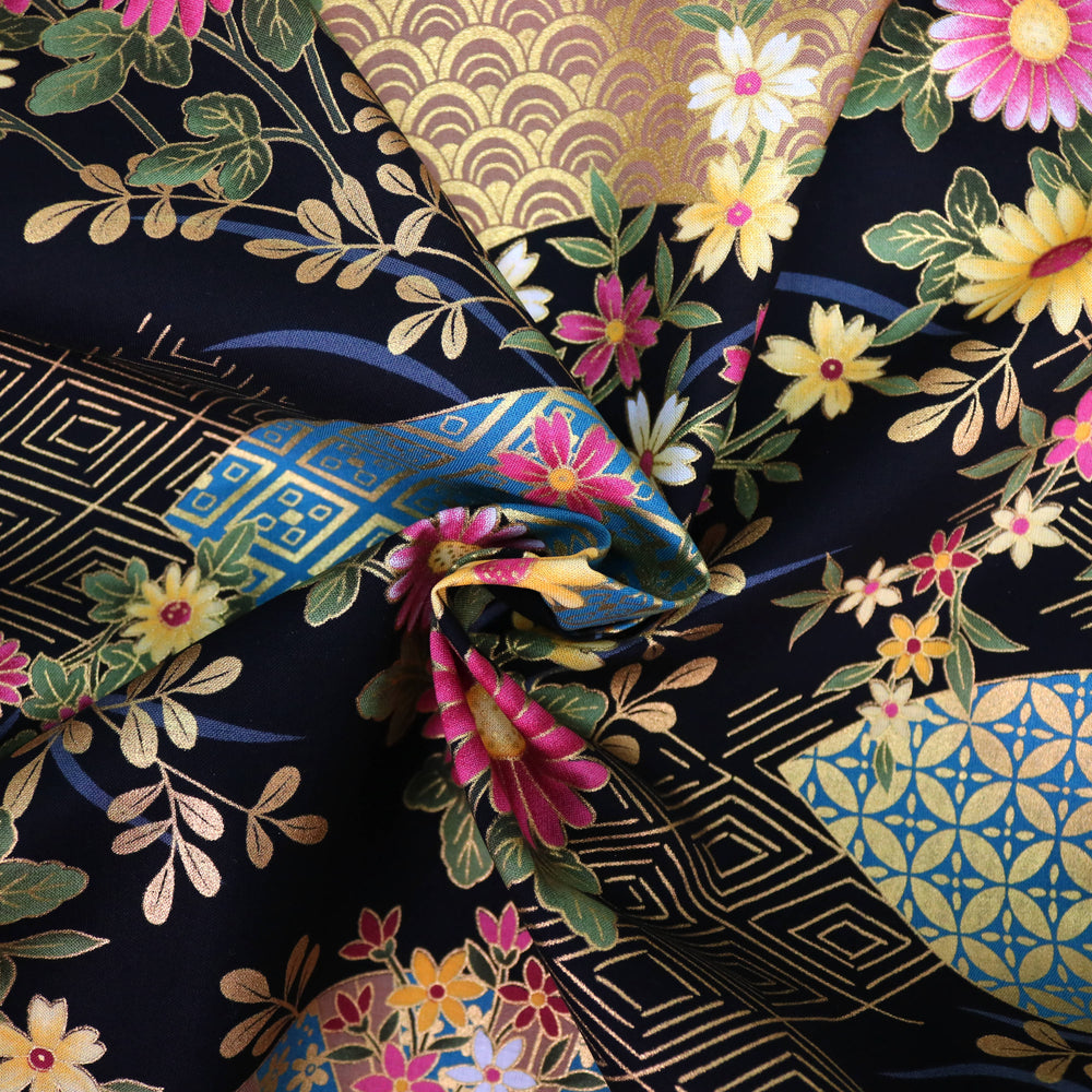 Fächer & Blumen - Schwarz Gold