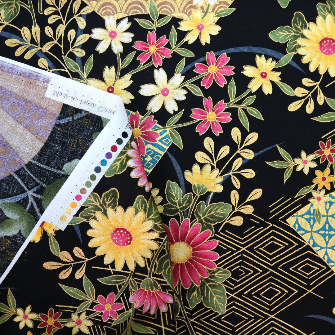 Fächer & Blumen - Schwarz Gold