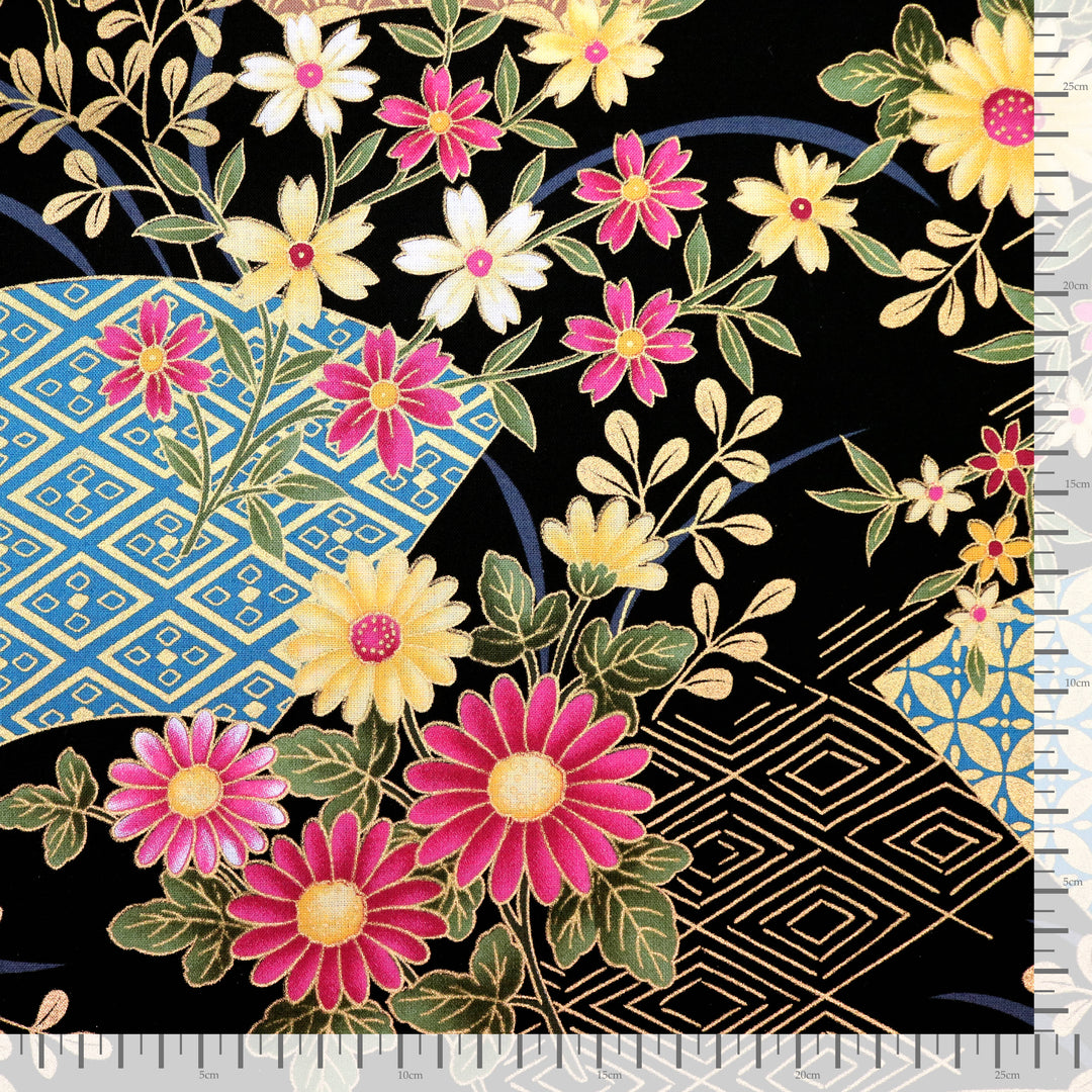 Fächer & Blumen - Schwarz Gold