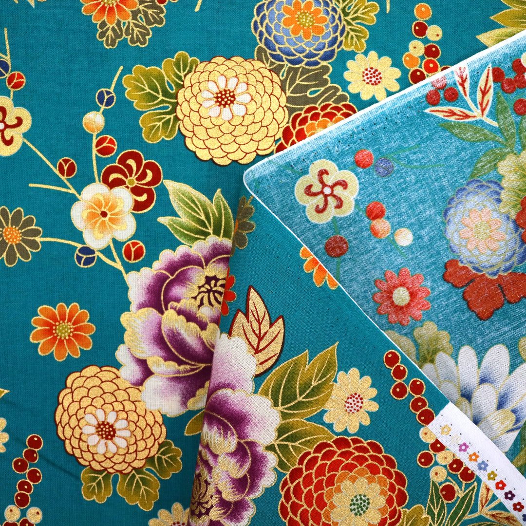 Pfingstrosen & Bambus - Petrol Gold