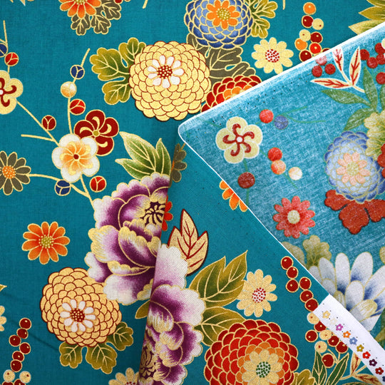 Pfingstrosen & Bambus - Petrol Gold