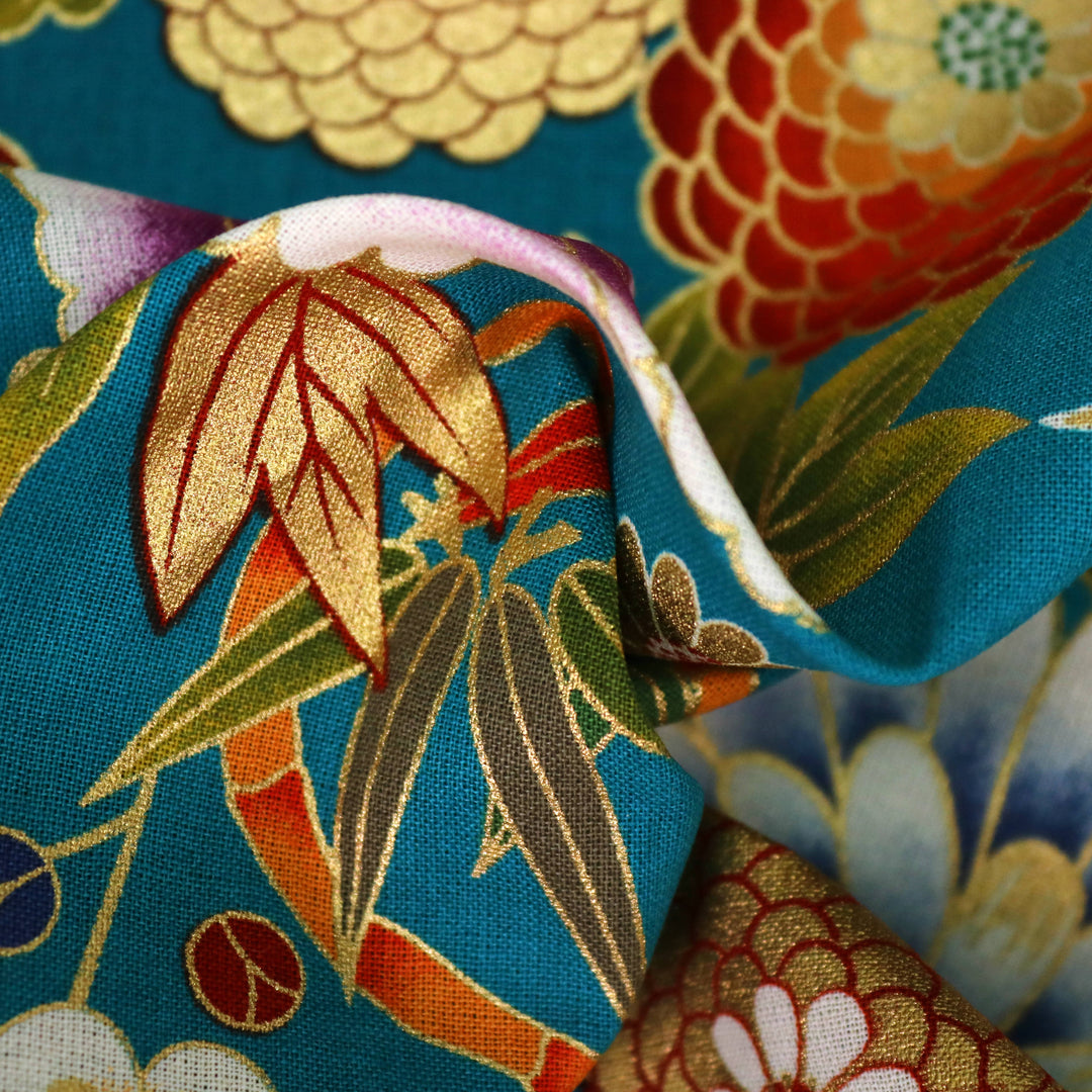 Pfingstrosen & Bambus - Petrol Gold