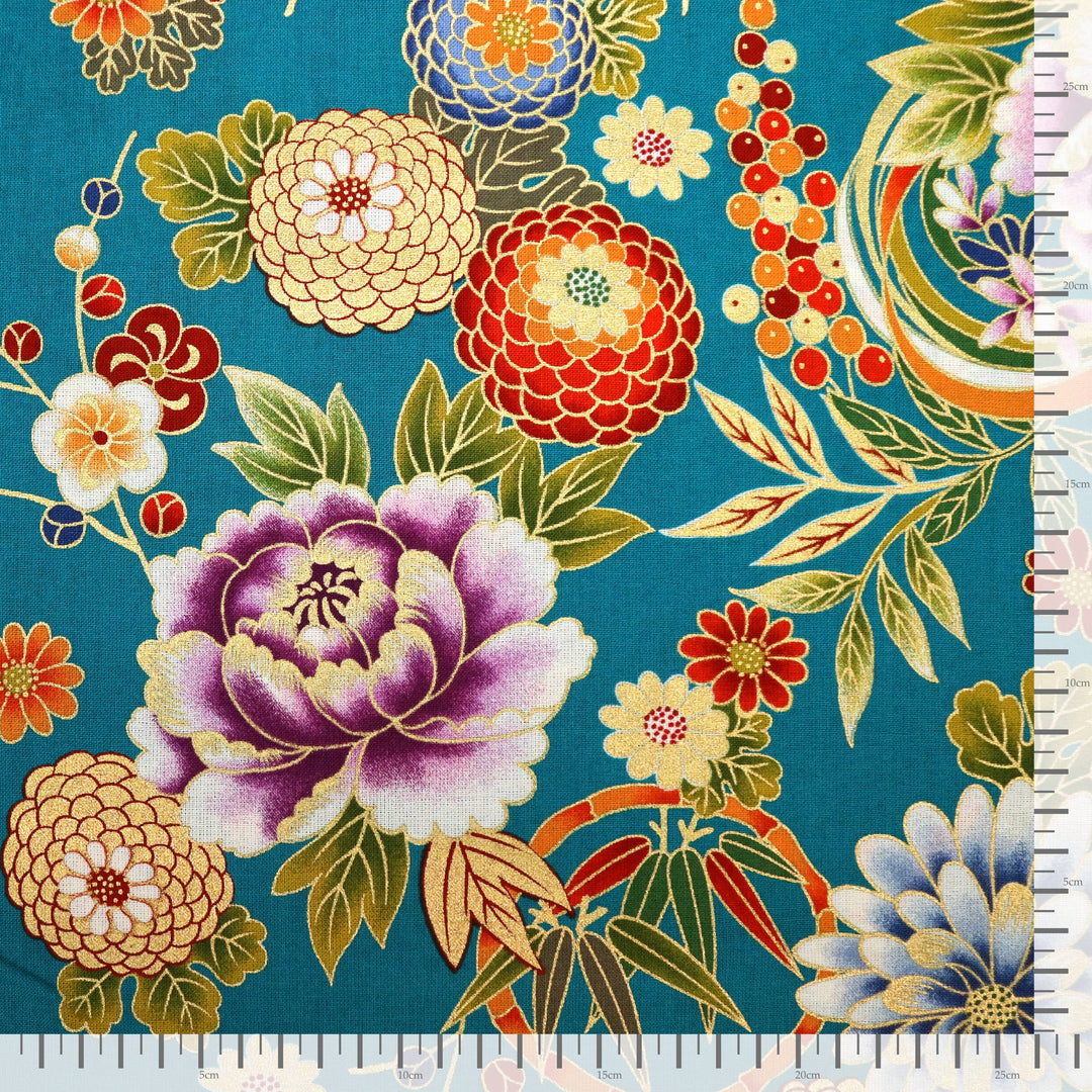 Pfingstrosen & Bambus - Petrol Gold