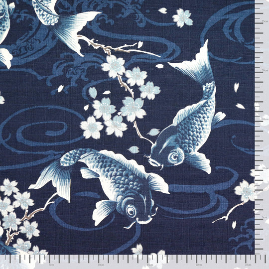 Koi Karpfen und Kirschblüten - Dunkelblau