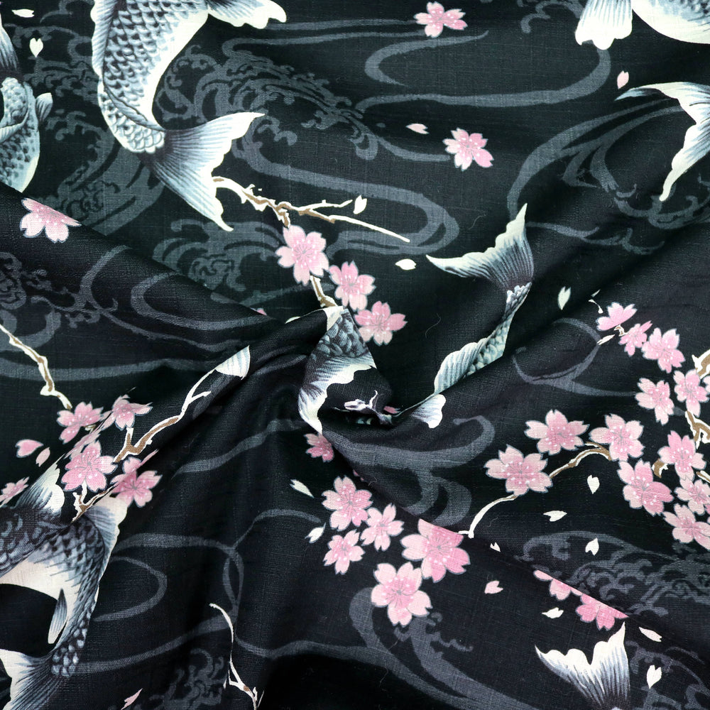 Koi Karpfen und Kirschblüten - Schwarz