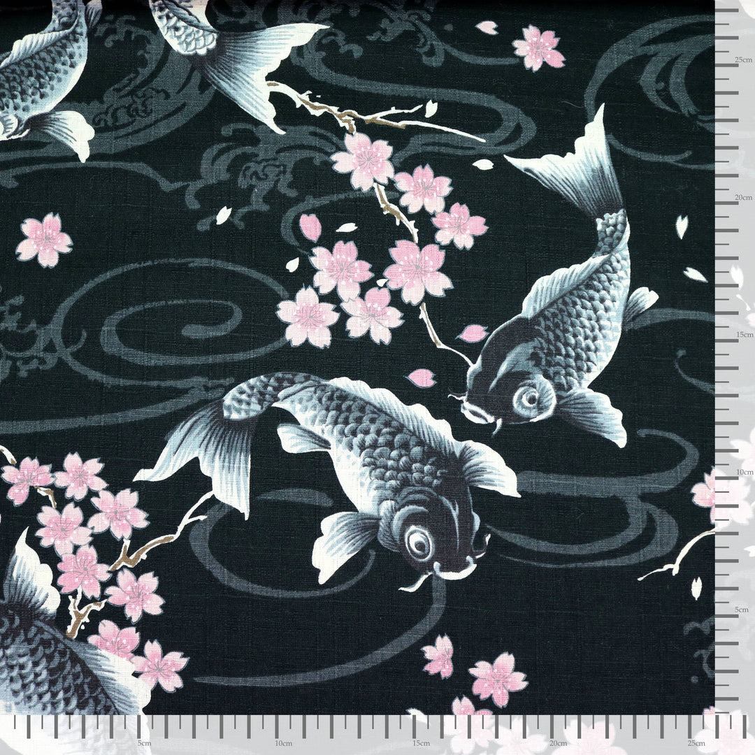 Koi Karpfen und Kirschblüten - Schwarz