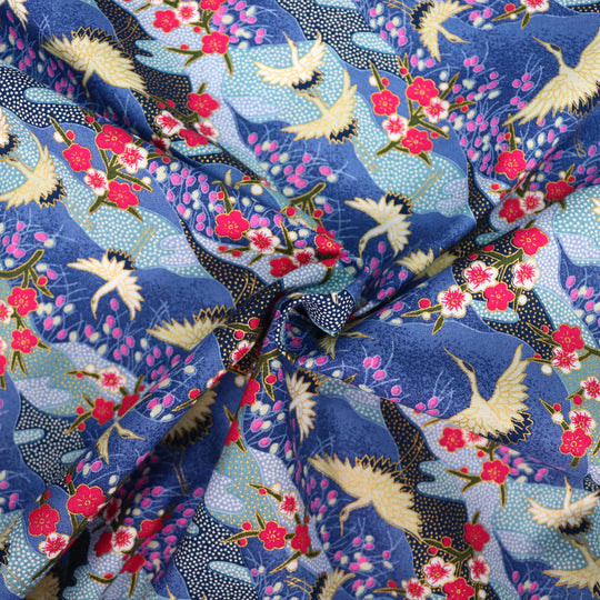 Kleine Kraniche & Kirschblüten - Blau