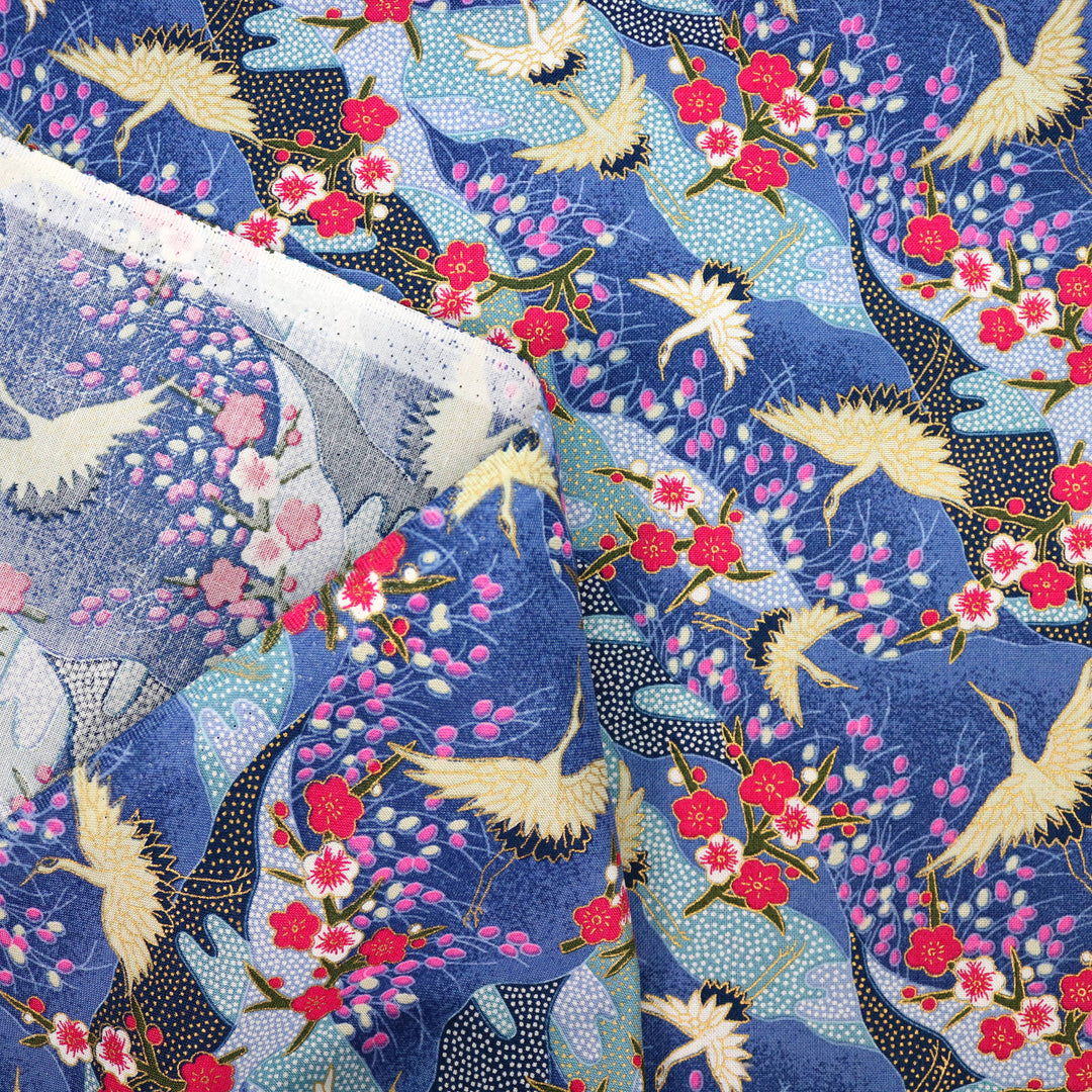 Kleine Kraniche & Kirschblüten - Blau