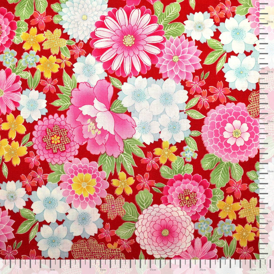 Pfingstrosen, Chrysanthemen & Kirschblüten - Rot