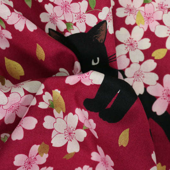 Schwarze Katze & Kirschblüten - Rot