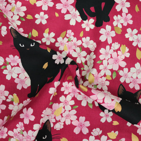 Schwarze Katze & Kirschblüten - Rot