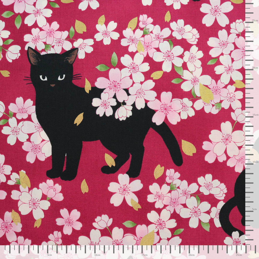 Schwarze Katze & Kirschblüten - Rot
