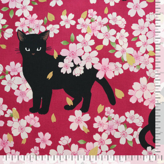 Schwarze Katze & Kirschblüten - Rot