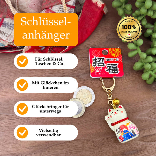 Schlüsselanhänger mit Glöckchen – Maneki Neko - Creme