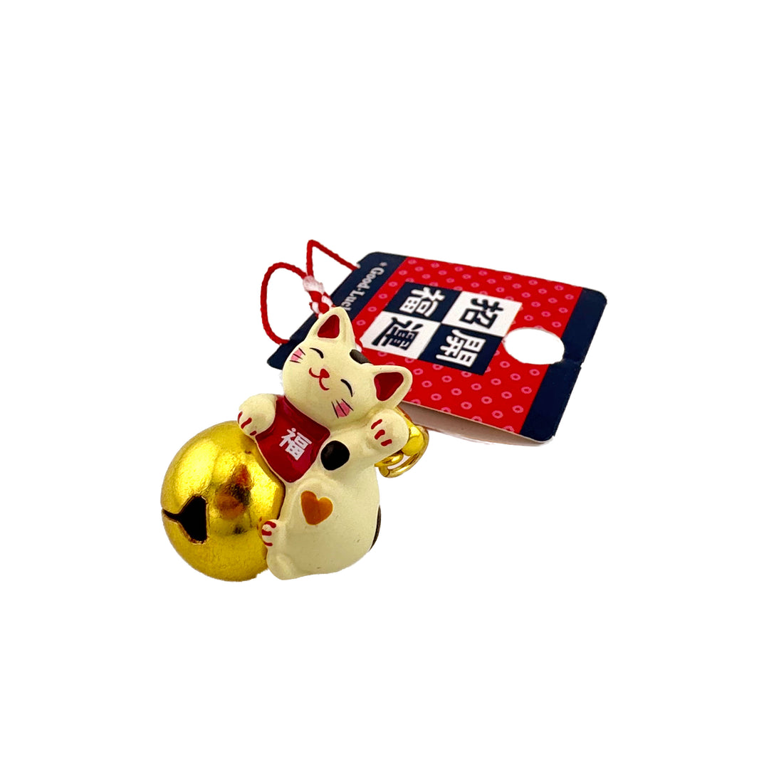 Schlüsselanhänger mit Glöckchen – Maneki Neko - Creme Gold