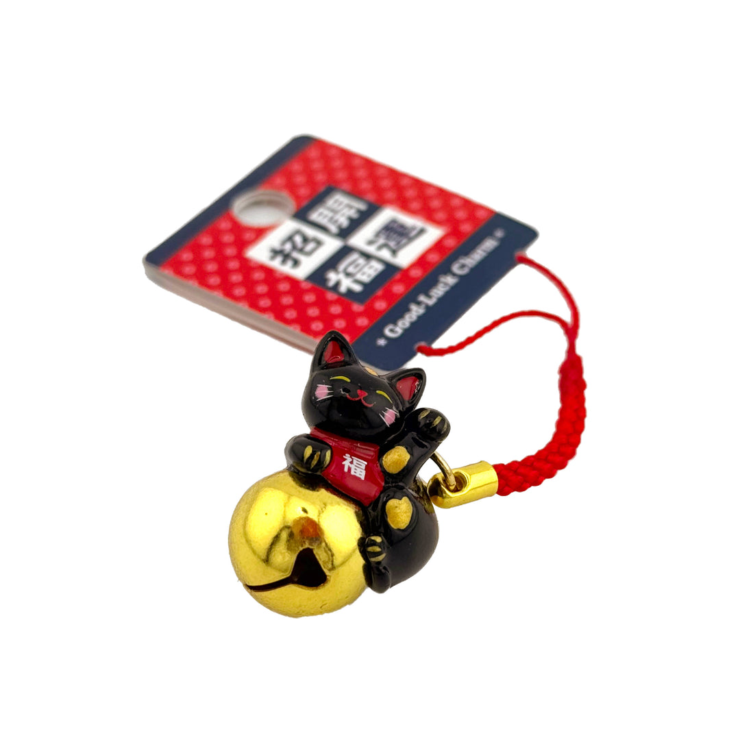 Schlüsselanhänger mit Glöckchen – Maneki Neko - Schwarz Gold