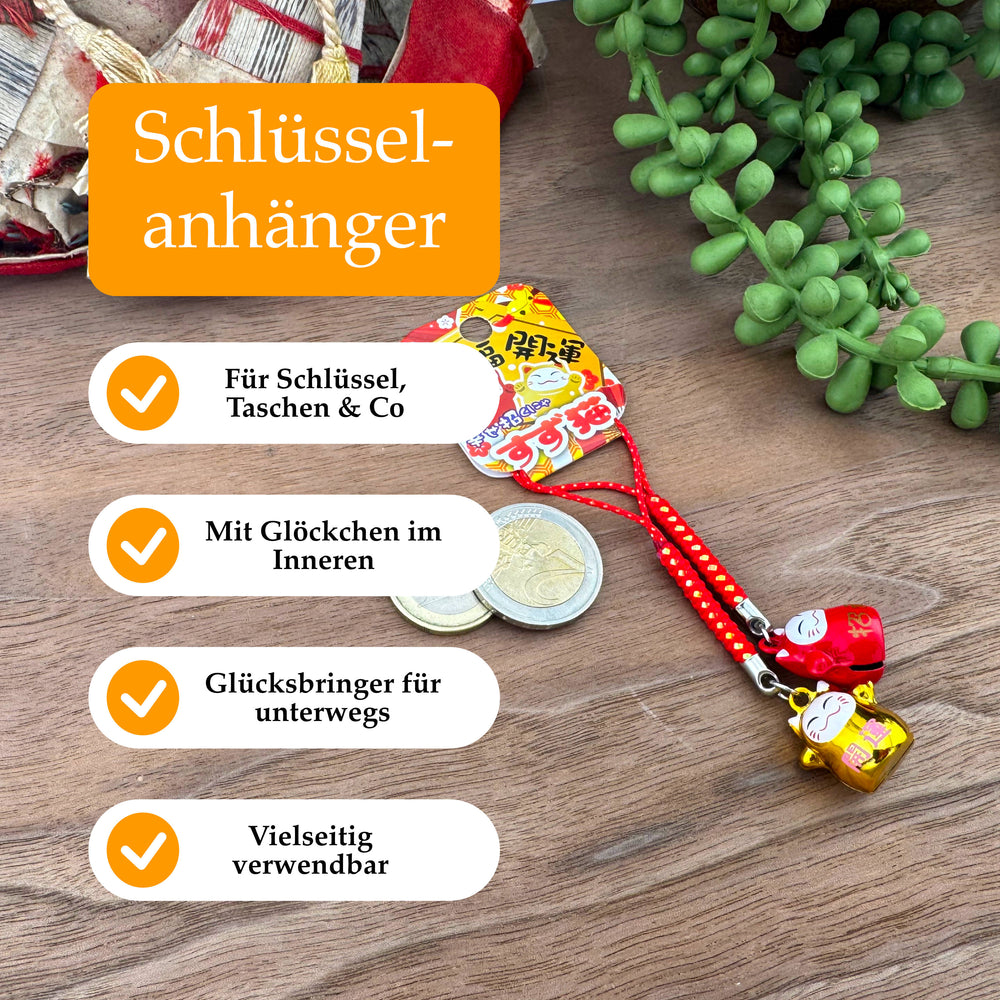 Schlüsselanhänger mit Glöckchen – Maneki Neko - Rot Gold